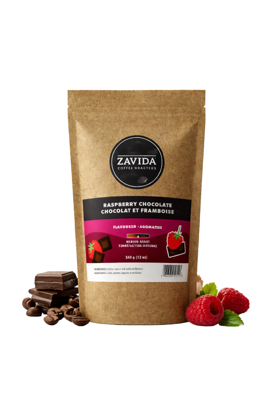 Zavida raspberry chocolate coffee package with chocolate pieces and raspberries on a white background