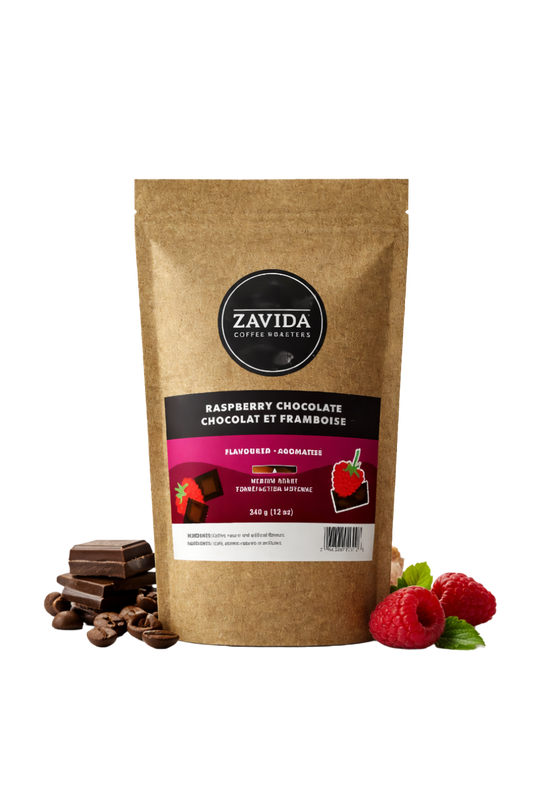 Zavida raspberry chocolate coffee package with chocolate pieces and raspberries on a white background
